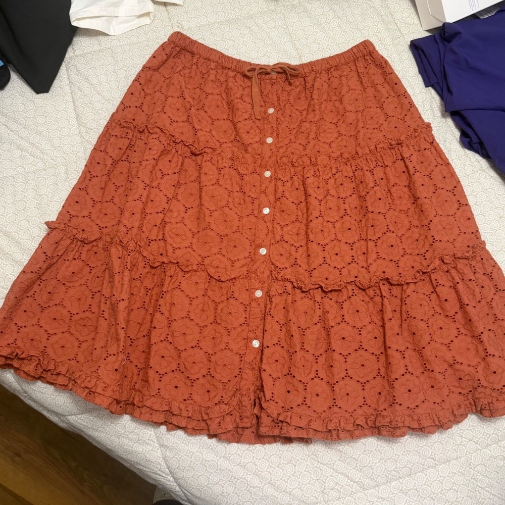 SOLD Rabbit Womens Tiered Eyelet Skirt Rust Orange Boho Ruffle Large